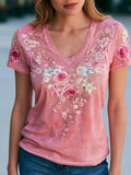 Women's Breast Cancer Awareness Floral Art V-Neck Short-Sleeve T-Shirt