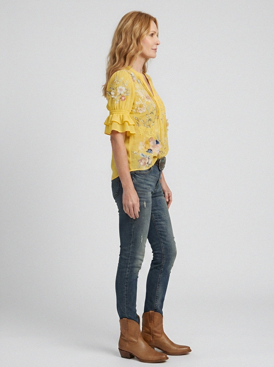 Women's Western Vintage Floral Embroidered Printed Top