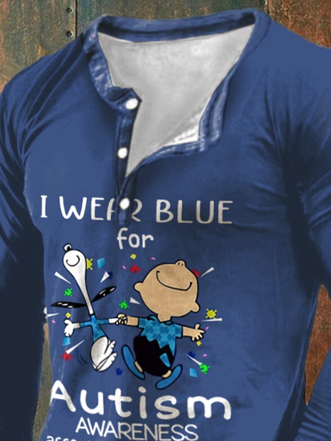Men's Retro Autism Awareness I Wear Blue For Autism Print Button Long Sleeve Tops