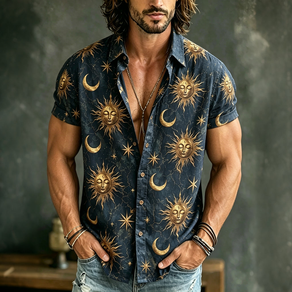 Men's Hippie Sun And Moon Art Pattern Print Short Sleeves Shirt