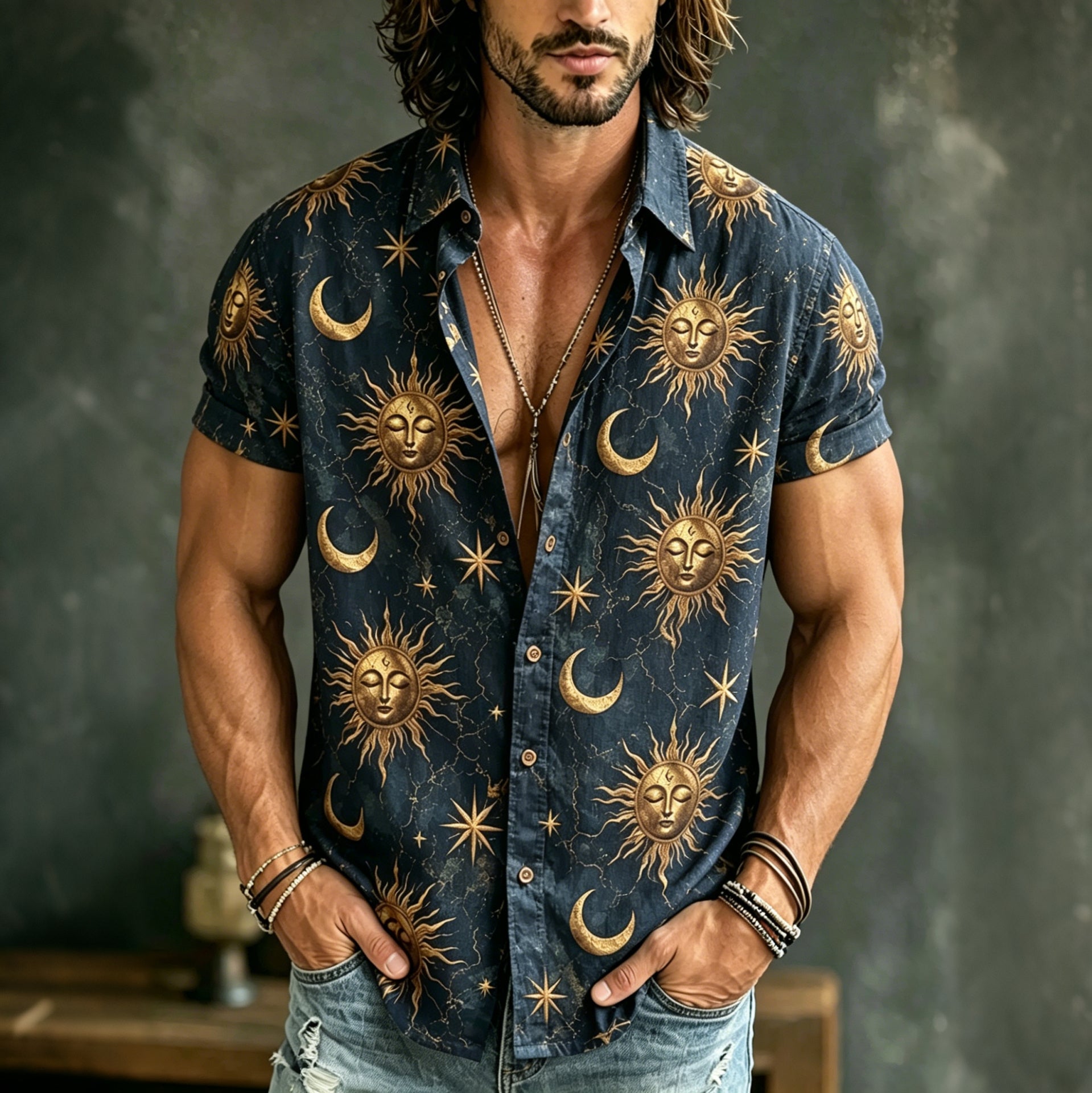 Men's Hippie Sun And Moon Art Pattern Print Short Sleeves Shirt