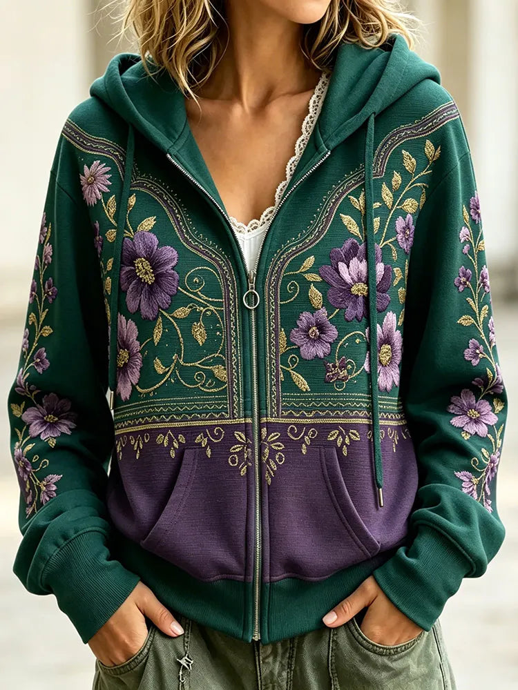 Women's Retro Floral Art Print Color Block Zipper Hoodie