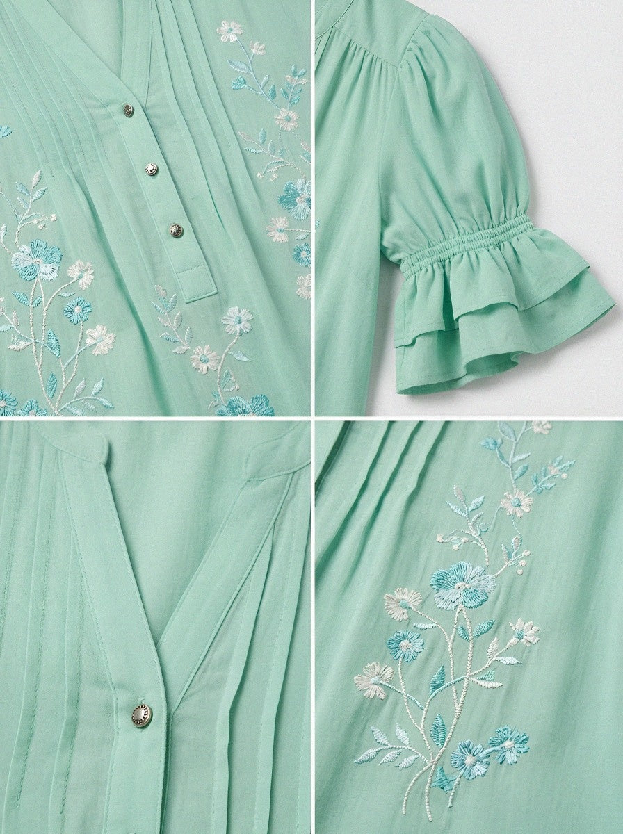 Women's Western Vintage Floral Embroidered Ruffle Sleeve Top