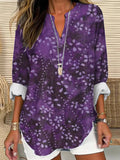 Women's Retro Purple Floral Art Print V-Neck Shirt