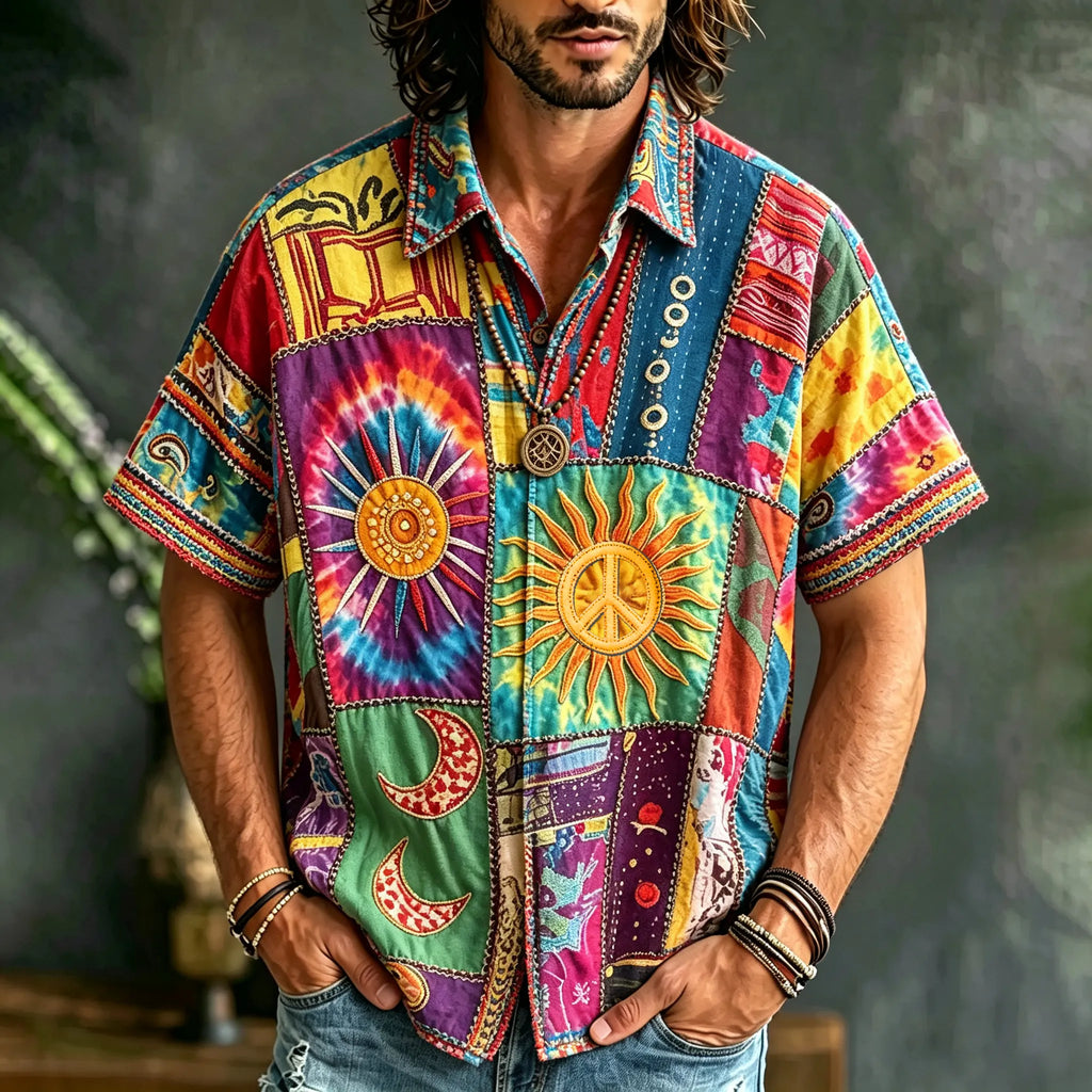 Men's Retro Hippie Patchwork Sun And Moon Resort Cotton Linen Shirt