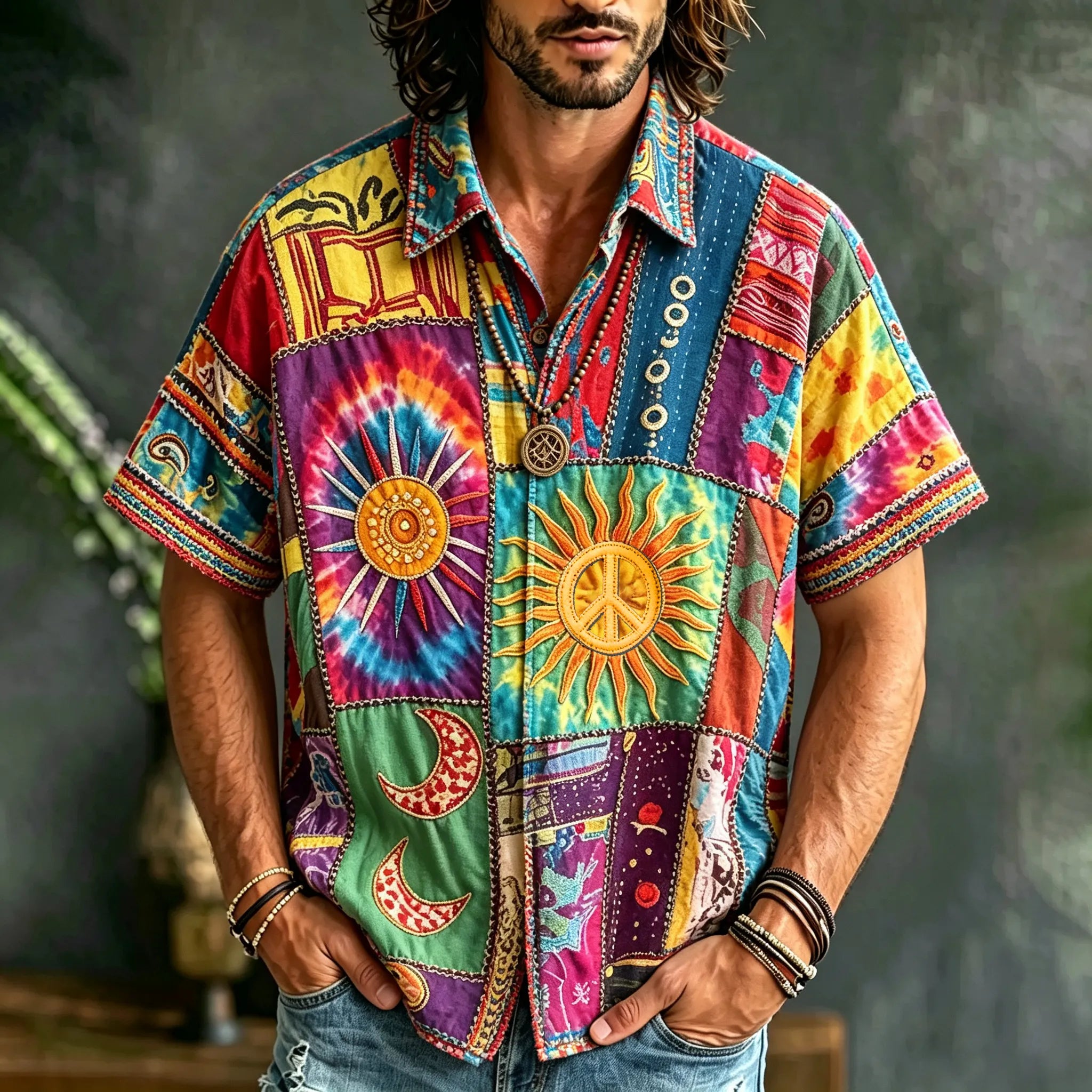 Men's Retro Hippie Patchwork Sun And Moon Resort Cotton Linen Shirt