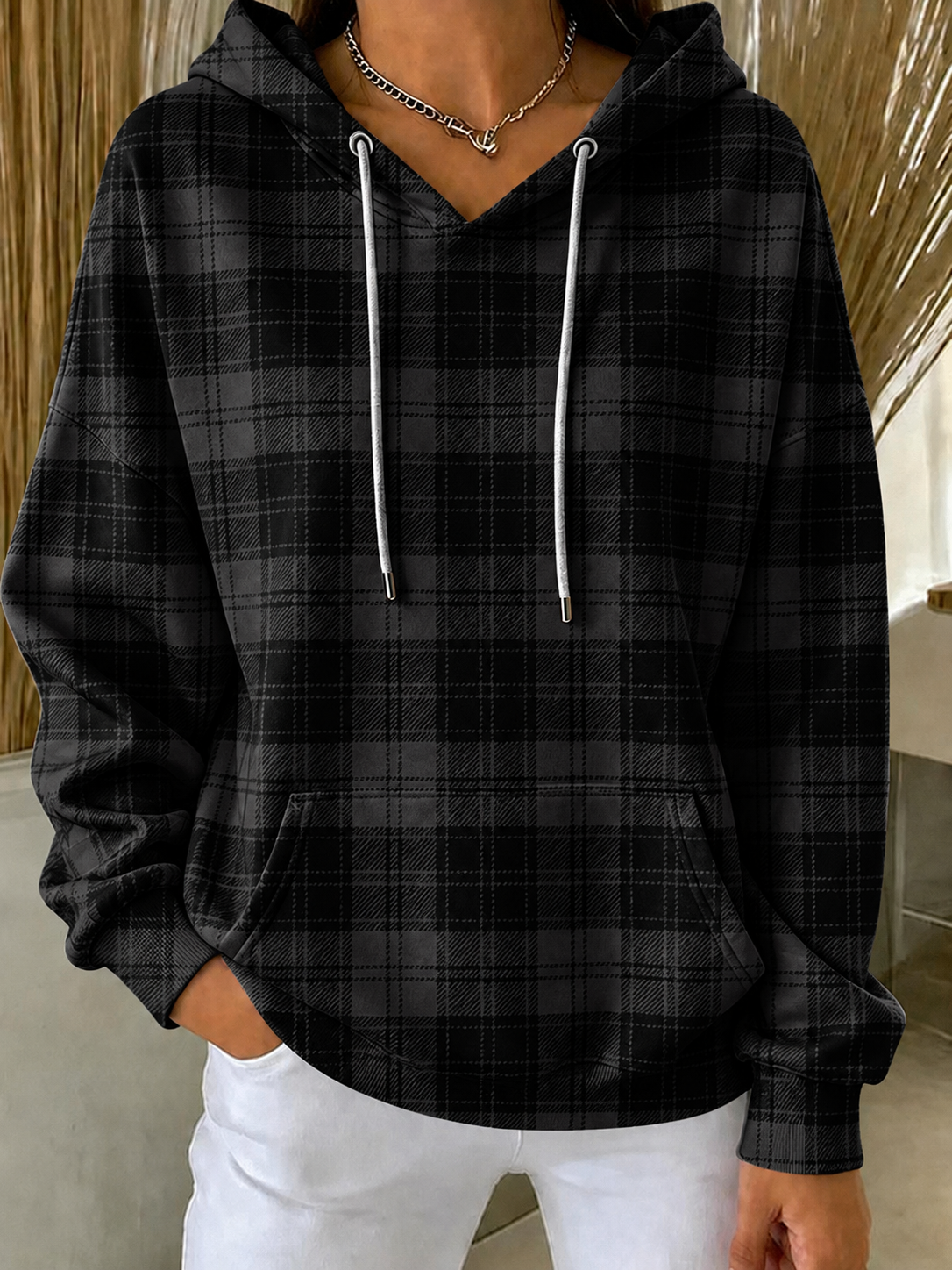 Women'S Retro Breast Cancer Awareness Plaid Art Print Long Sleeve Hoodie