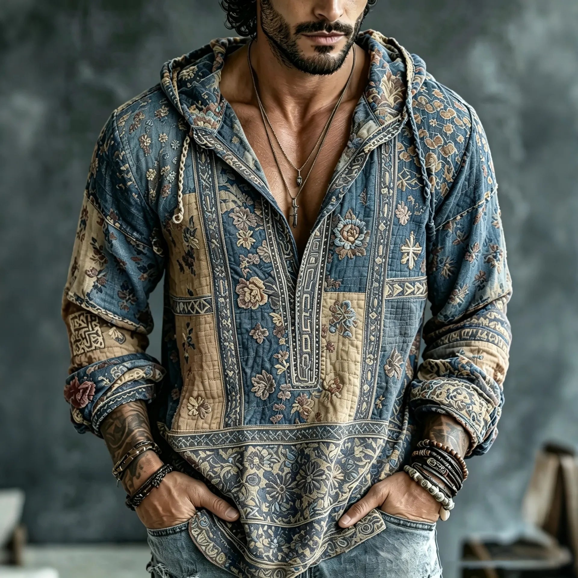 Men's Vintage Floral  Patchwork Embroidered Art Print Flowy Linen Blend Casual  Hooded Shirt