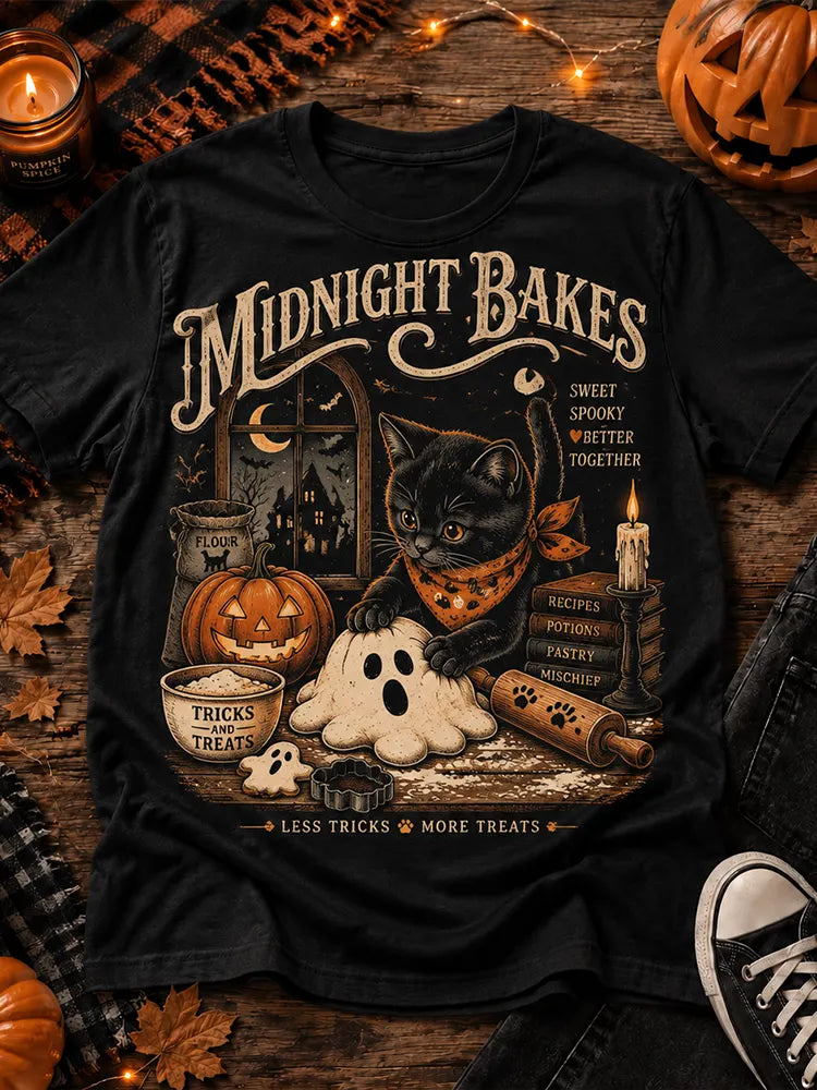 Unisex Halloween Midnight Bakes Black Cat And Ghost Baking Print Short Sleeve T-shirt