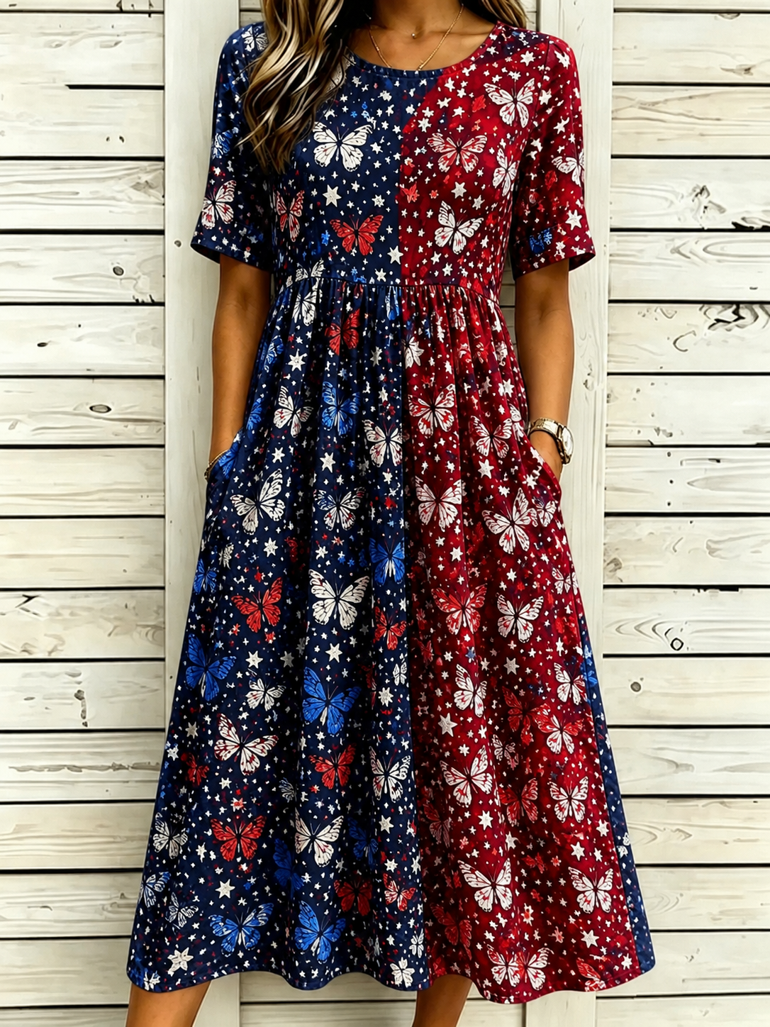 Women's America Flag Prints Cotton Linen Short-Sleeved Dress
