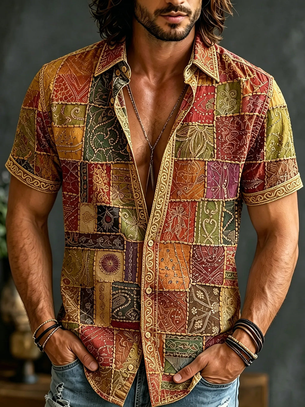 Men's Retro Hippie Style Patchwork Print Short-sleeve Shirt