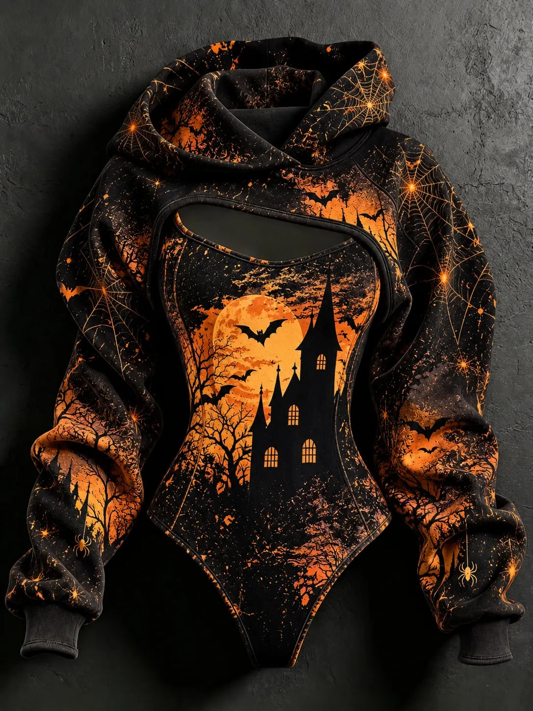 Women's Halloween Gothic Treehouse Art Print Hoodie Two-piece Set