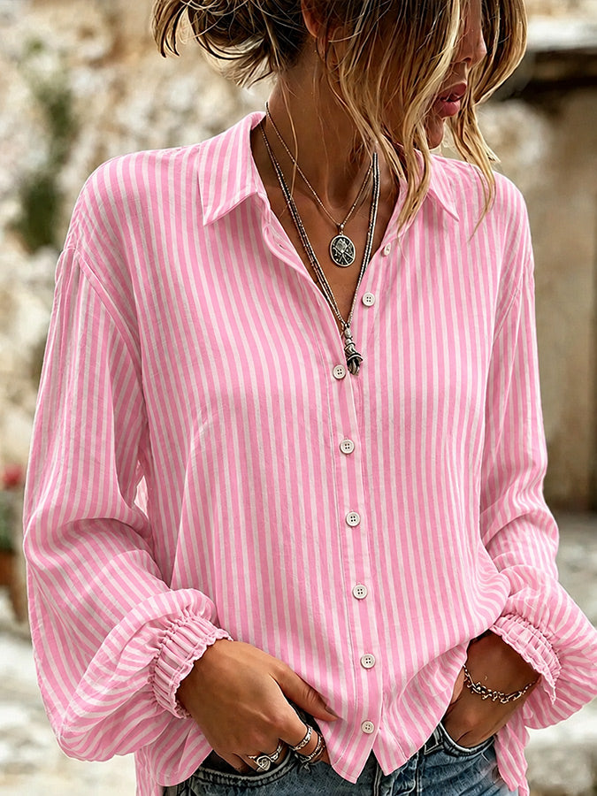 Women's casual cotton linen bubble sleeve shirt