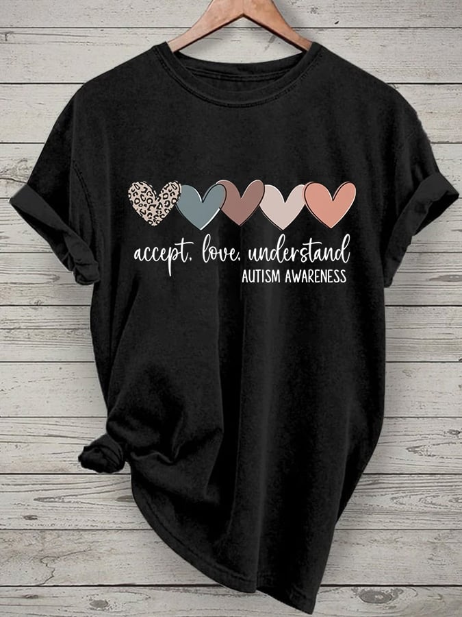 Women's Accept Love Understand Autism Awareness Printed Short-Sleeved T-Shirt