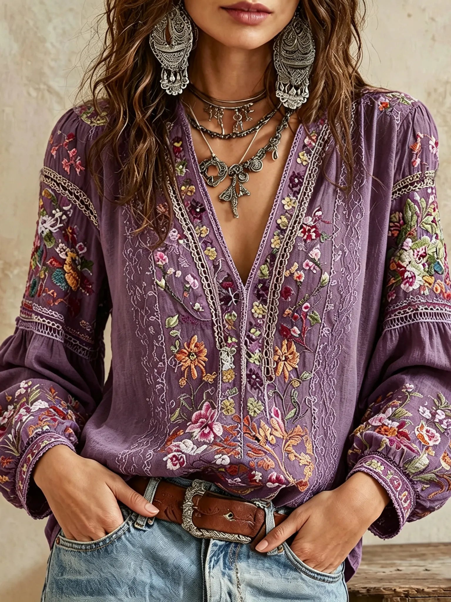 Vintage Classy Gradient Purple Floral Art Linen Blend Loose Long Sleeve Shirt