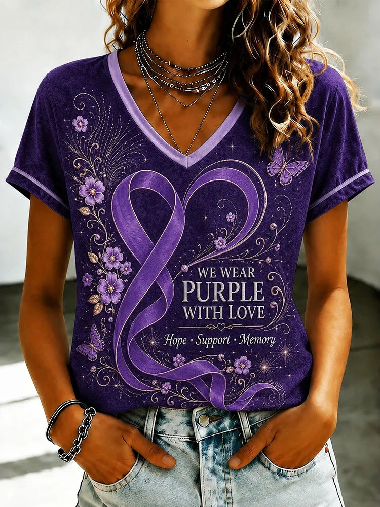 Women's Alzheimer's Awareness Floral Art Printed T-shirt