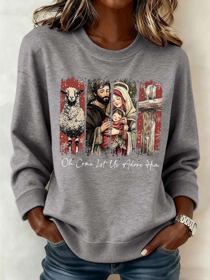 Retro Christmas O Come, Let Us Adore Him Print Sweatshirt