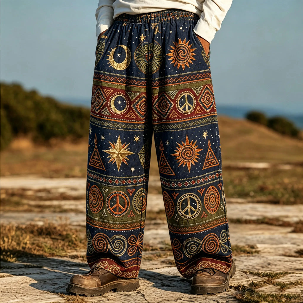 Men's Retro Hippie Style Pattern Printed Linen Blend Casual Trousers