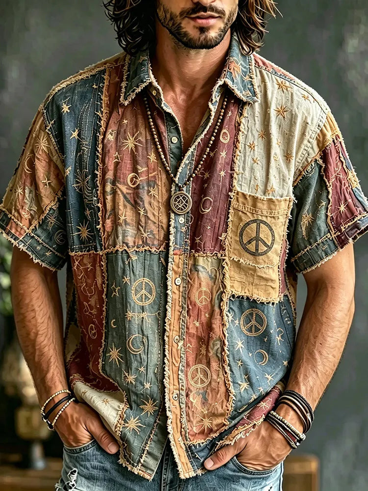 Men's Vintage Hippie Multicolor Patchwork Linen Blend Short Sleeve Shirt