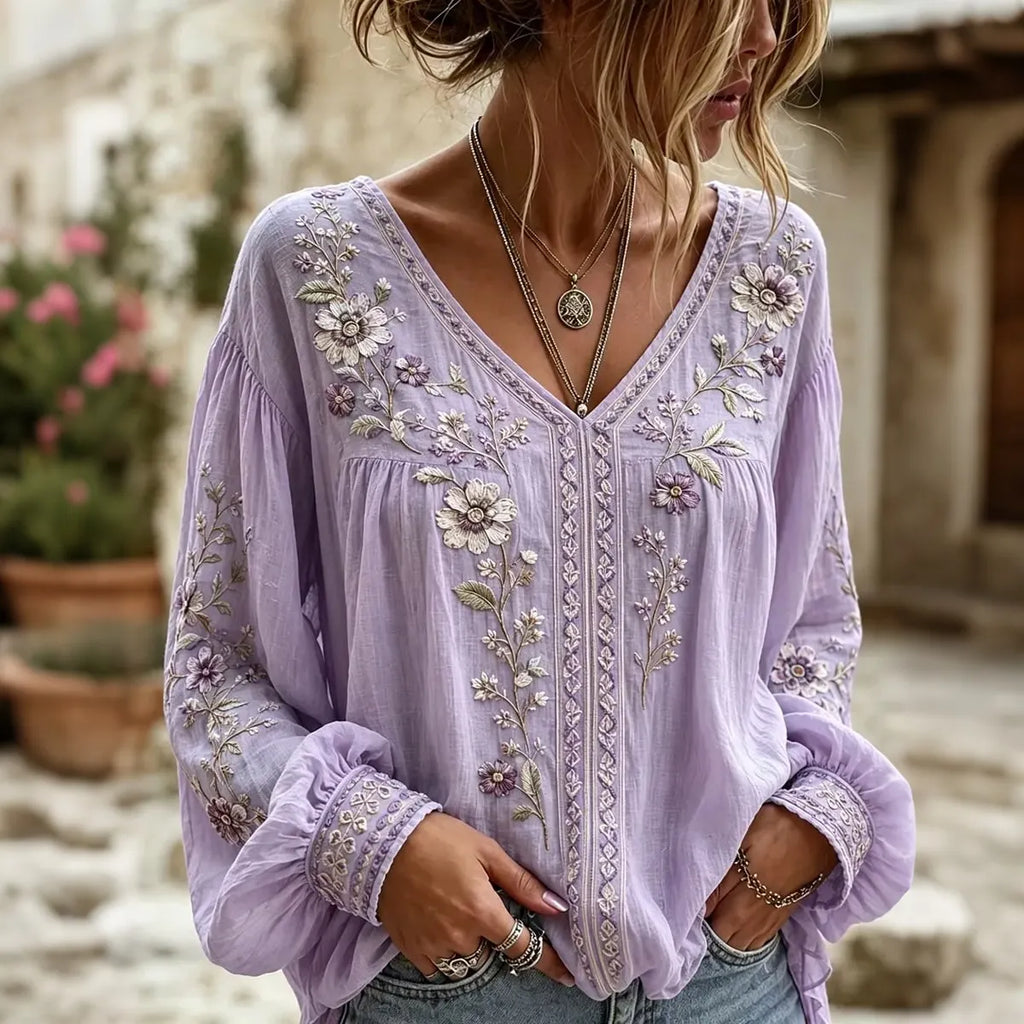 Women's Floral Embroidery Art Flowy Linen Blend Long Sleeve Casual Tops