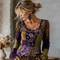 Women's Retro Purple Floral Patchwork Casual Crew Neck T-shirt