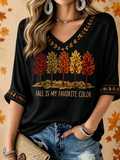 Women'S Autumn Is My Favorite Color Printed Mid Sleeved V-Neck T-Shirt