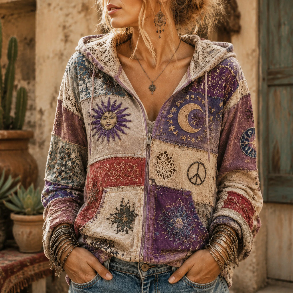 Women's Vintage Hippie Patchwork Lace Boho Sun Moon Peace Sign Embroidery Zip Up Hoodie