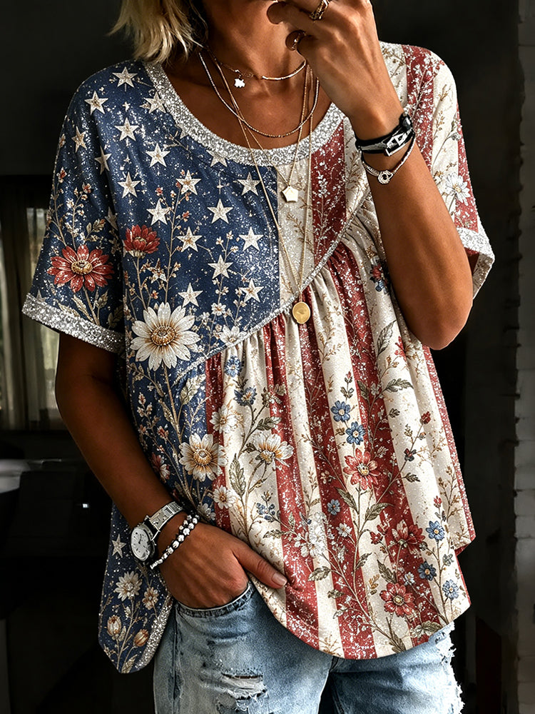 Women's Vintage Independent Day Asymmetrical Pleated Design Boho Tops