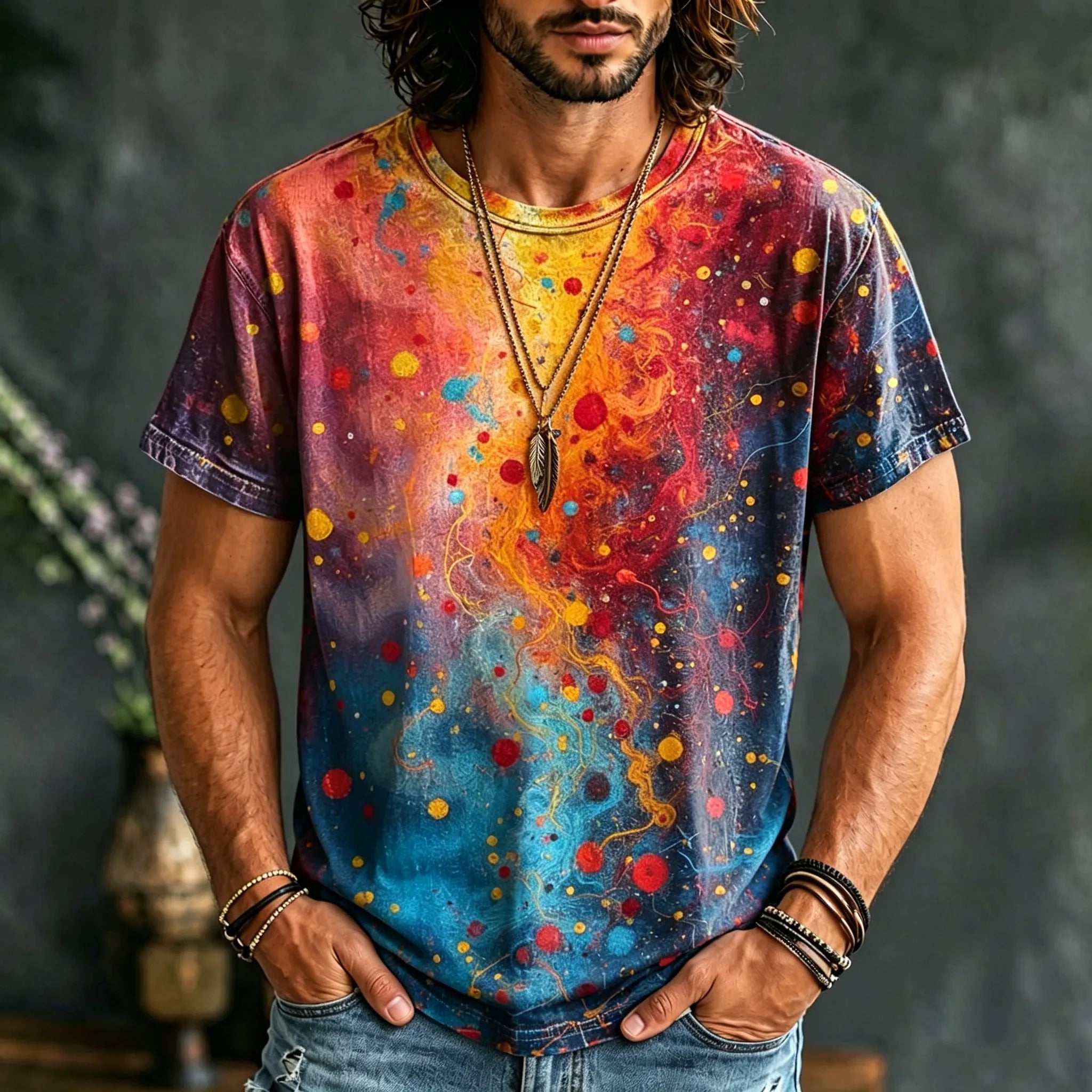 Men's Hippie Vintage Polka Dot Tie Dye Print T-shirt