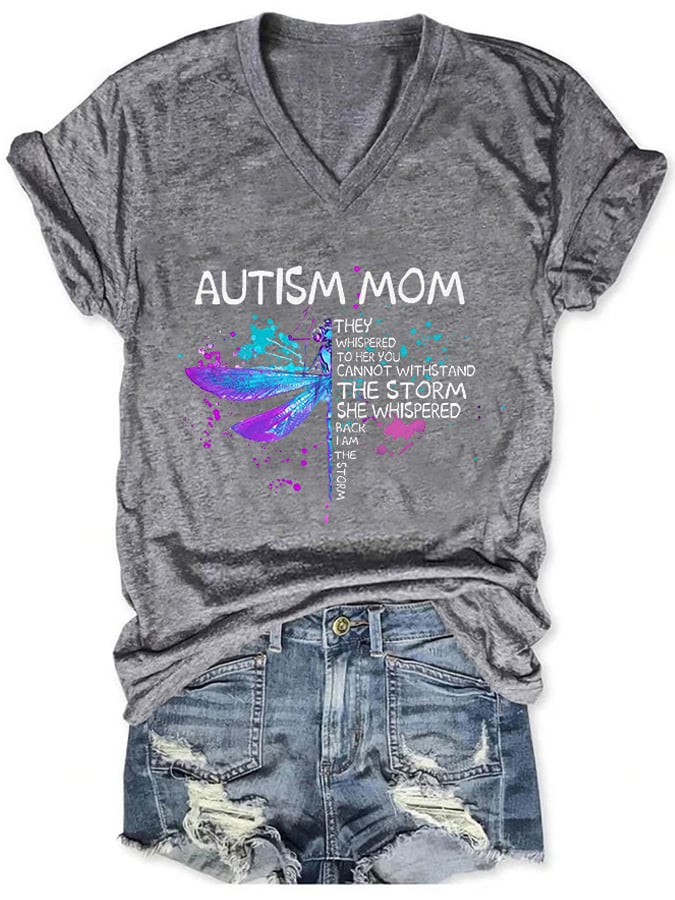 V-neck Autism Mom Print T-Shirt