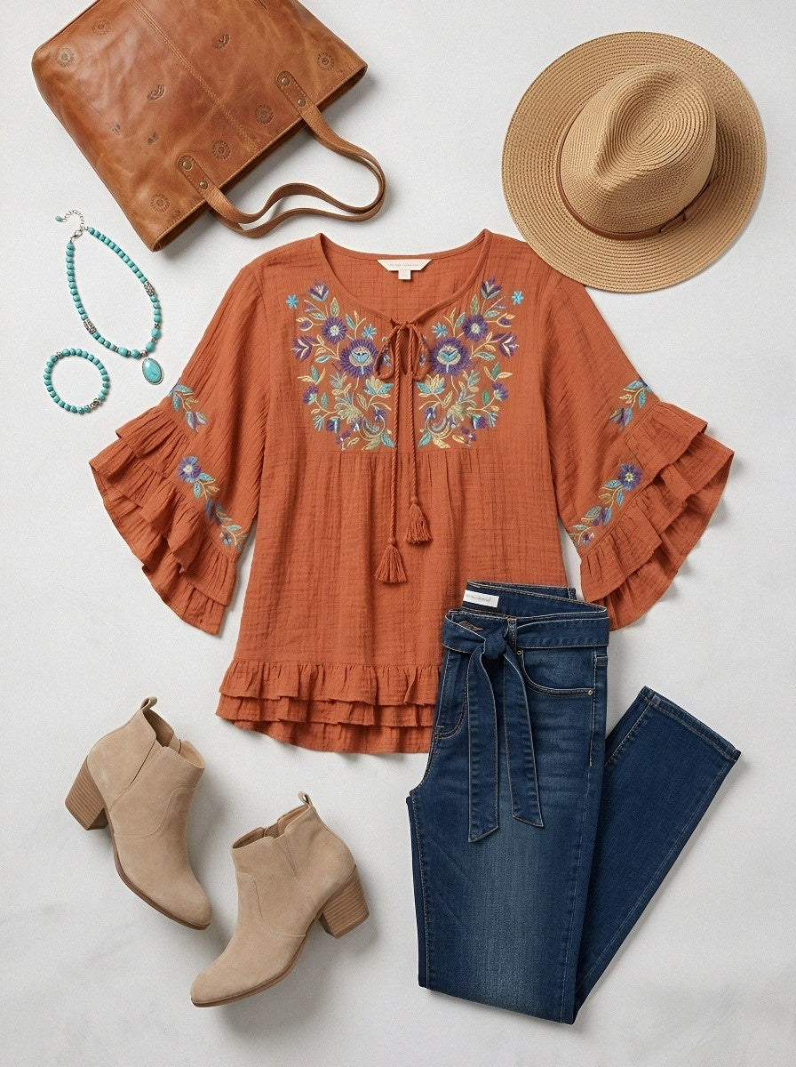 Women's Western Vintage Floral Embroidered Ruffle Sleeve Top