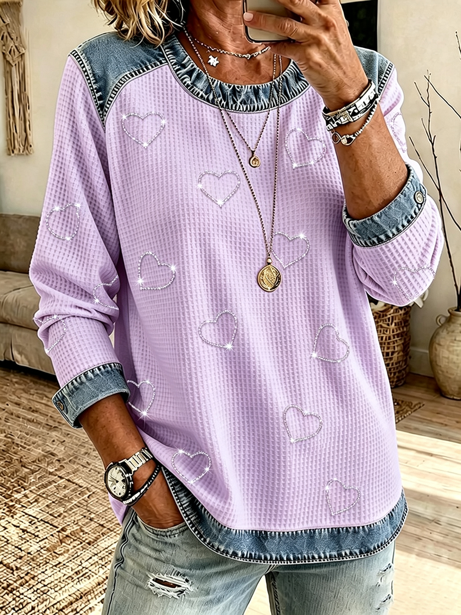 Women's Casual Heart-Shaped Rhinestone Sweatshirt