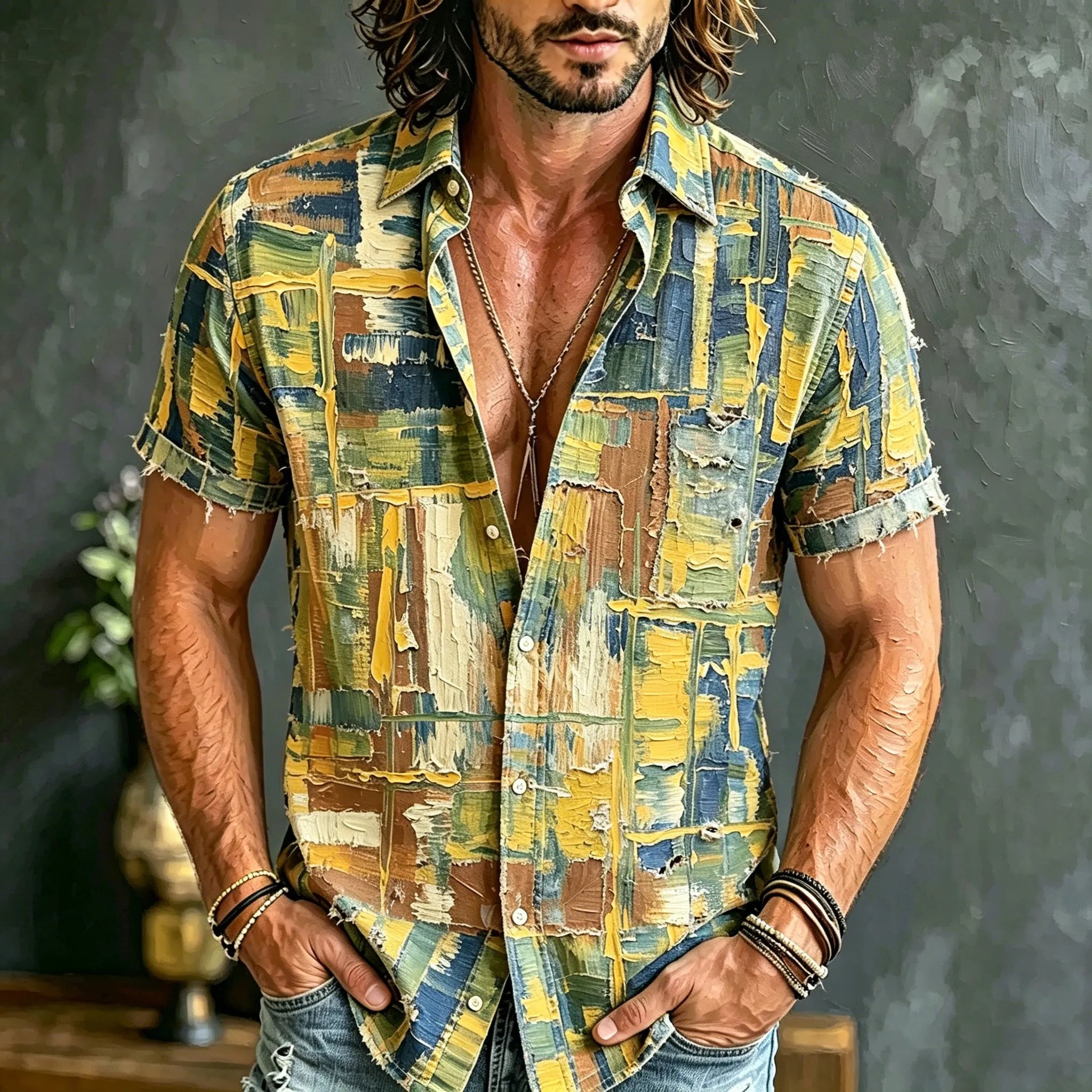 Men's Retro Hippie Style Oil Painting Print Shirt