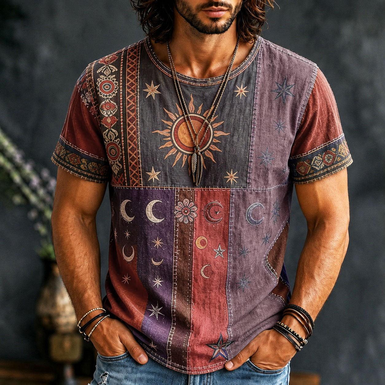 Men's Hippie Sun And Moon Element Patchwork Art Print T-shirt