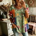 Women's Retro Hippie Floral Cotton Linen Short-sleeve Top