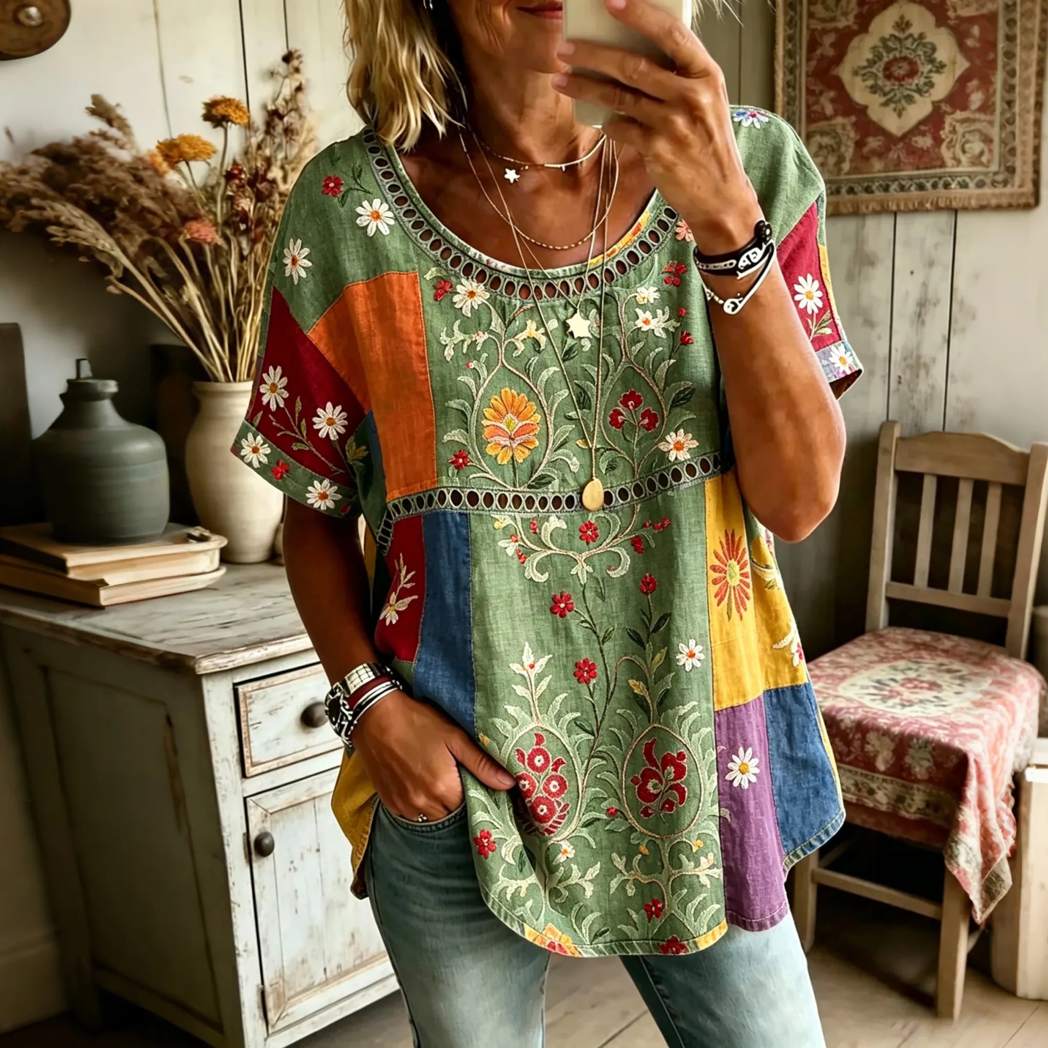 Women's Retro Hippie Floral Cotton Linen Short-sleeve Top