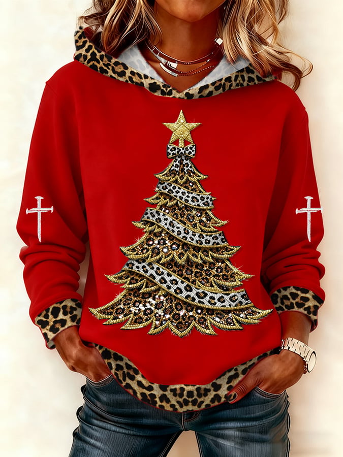 Women's Casual Leopard Print Christmas Tree Hoodie