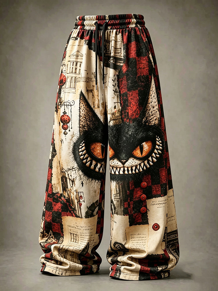 Retro Black Cat Plaid Color-blocked Printed Trousers