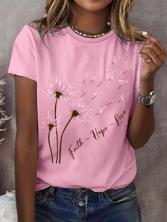 Women's Faith Hope Love Breast Cancer Awareness Printed Round Neck T-Shirt