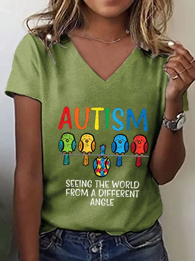Women's "Seeing The World From A Different Angle" Autism Awareness Printed V-Neck T-Shirt