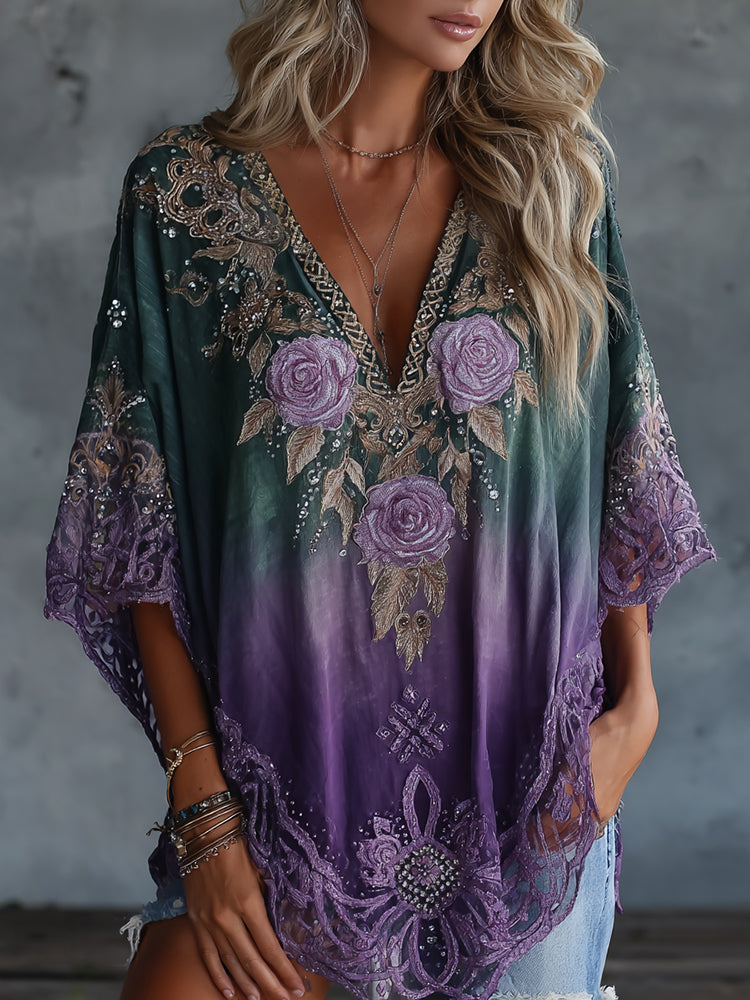 Women's Vintage Celtic Knot Floral Gradient Art Flowy Linen Blend Casual Tops