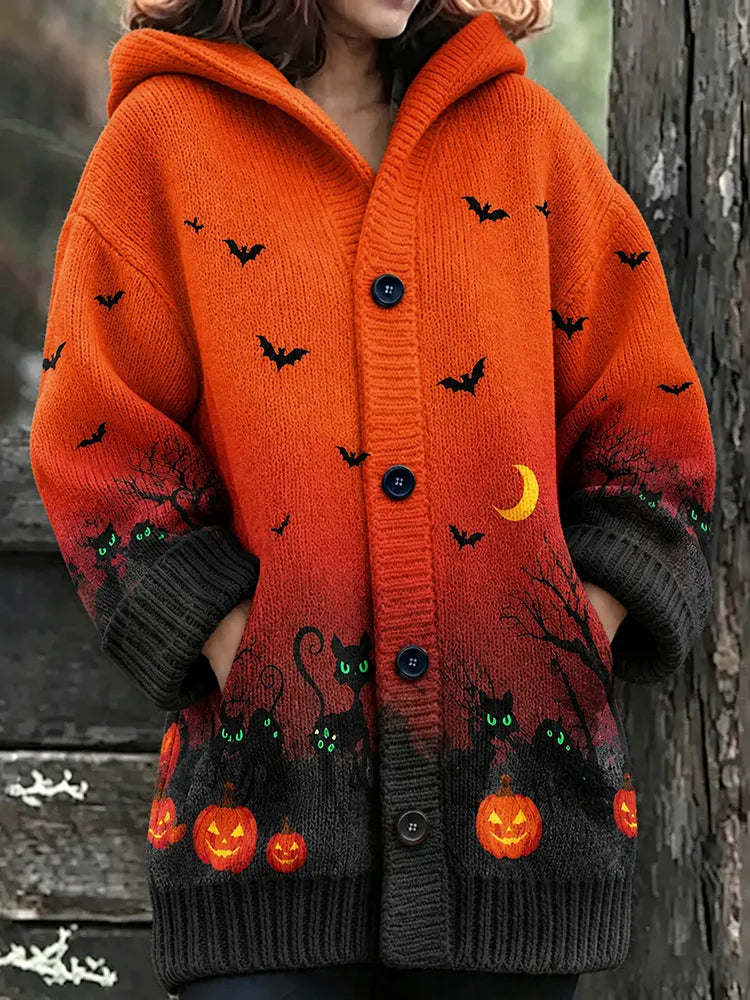 Women's Halloween Black Cat  Pumpkin Art Knit Hooded Cardigan