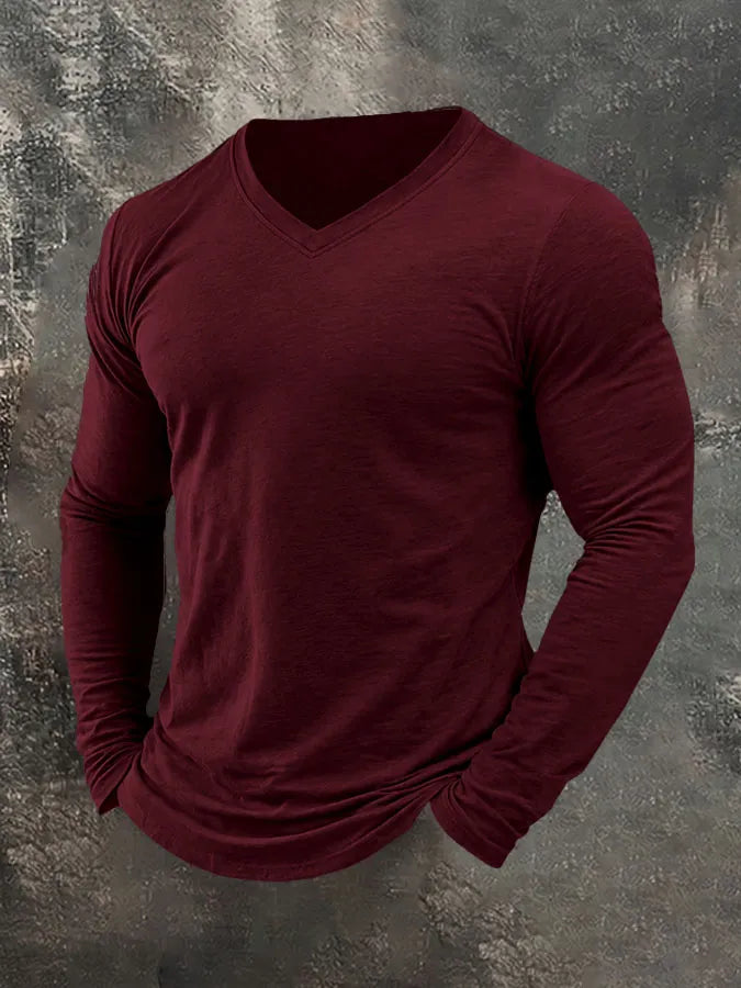 Men's Plain Casual V-Neck Long Sleeve T-Shirt
