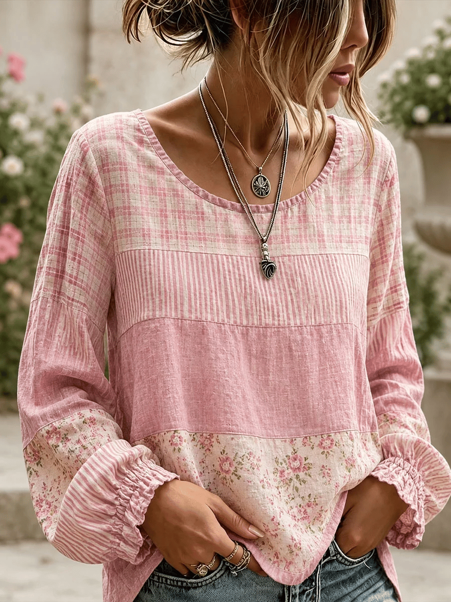 Women's Pink Vintage Plaid And Floral Print Long-Sleeve Top