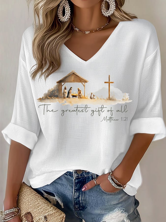V-Neck Retro Christmas The Greatest Gift Of All Is Jesus Matthew 1:21 Print T-Shirt