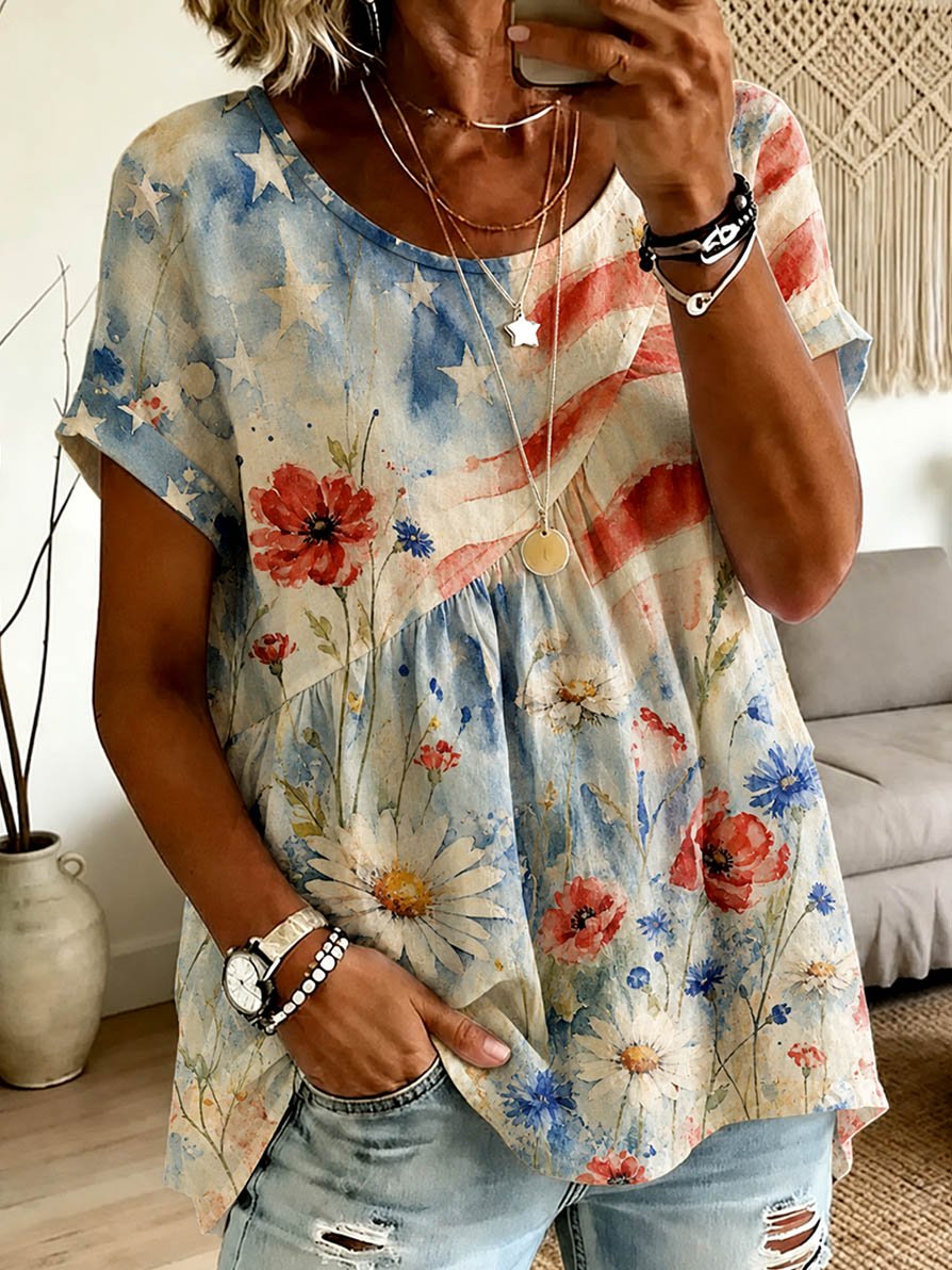 Women's Casual Floral Independence Day Cotton Linen Top