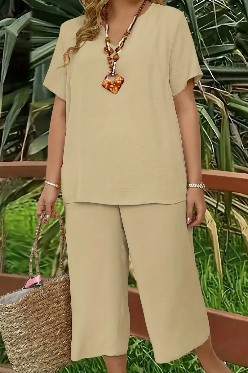 Elegant Plus Size Women's Solid Color Short Sleeve Fashion Top & Casual Wide Leg Pants Set