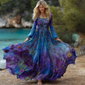 Women's Vintage Rose Floral Gradient Pattern Round Neck Long-sleeved Dress