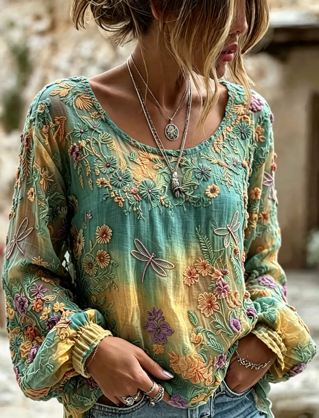 Women's Vintage  Floral And Dragonfly Art Print Flowy Linen Blend Linen Blend Long Sleeve Casual Tops
