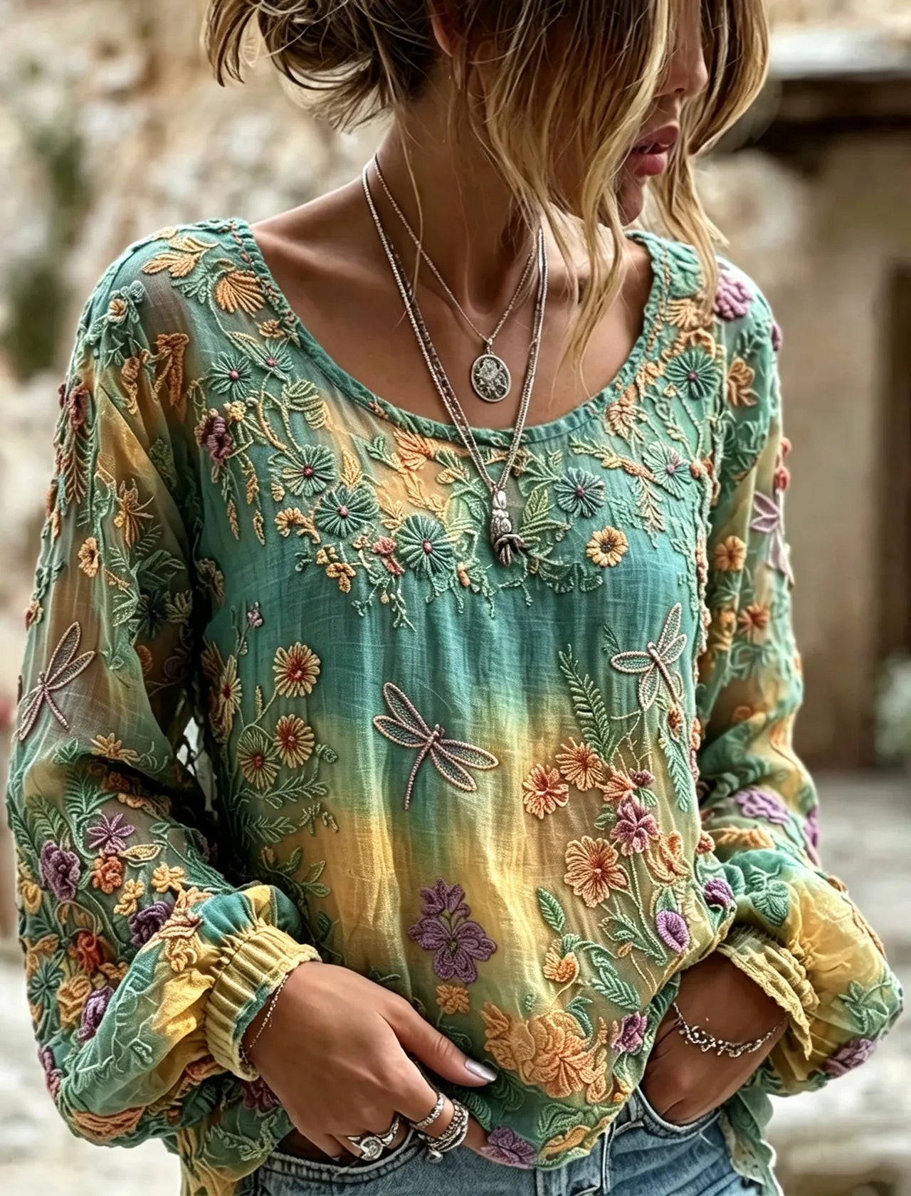 Women's Vintage  Floral And Dragonfly Art Print Flowy Linen Blend Linen Blend Long Sleeve Casual Tops